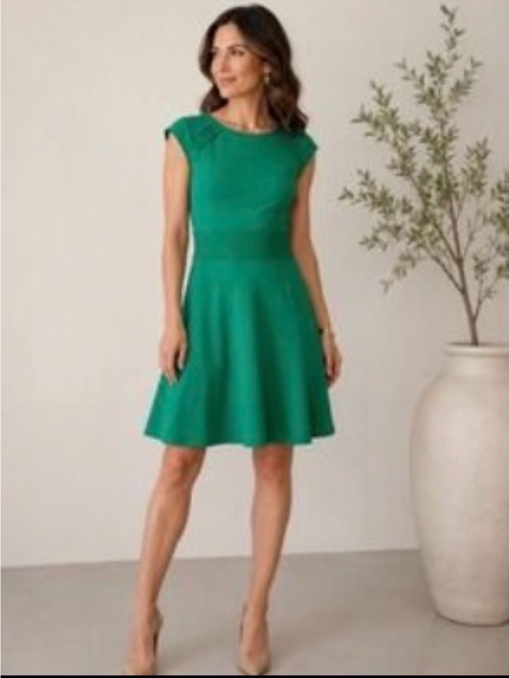 Eliza J. Women’s Green Cap Sleeves Flared Skirt Pleated Waistband Midi Dress 12